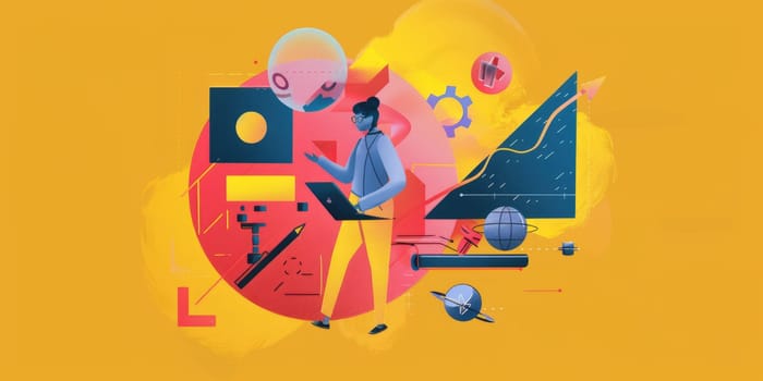 A person using a laptop with a floating head and abstract shapes in the background. AIG51A.