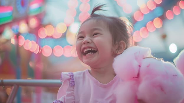 A little girl with a big smile and happy eyes is enjoying cotton candy at the carnival. Her nose wrinkles as she takes a bite, and her ears stick out from her hairstyle AIG50