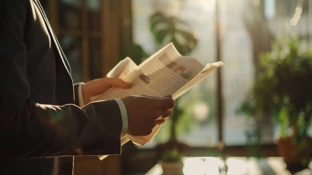 Close up of businessman holding newspaper while planning marketing strategy. Professional project manager wearing suit and reading at news while thinking about financial plan. Focus on hands. AIG42.