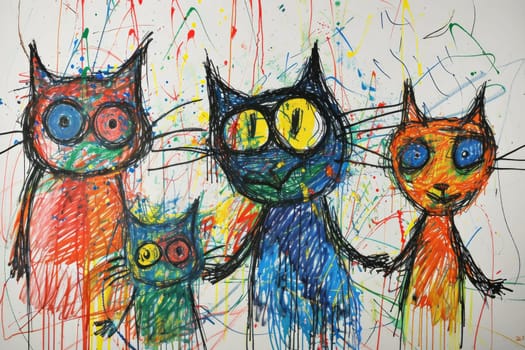 The hand drawing colourful picture of the group of the various type of the cat that has been drawn by the colored pencil or crayon on the white background that seem to be drawn by the child. AIGX01.