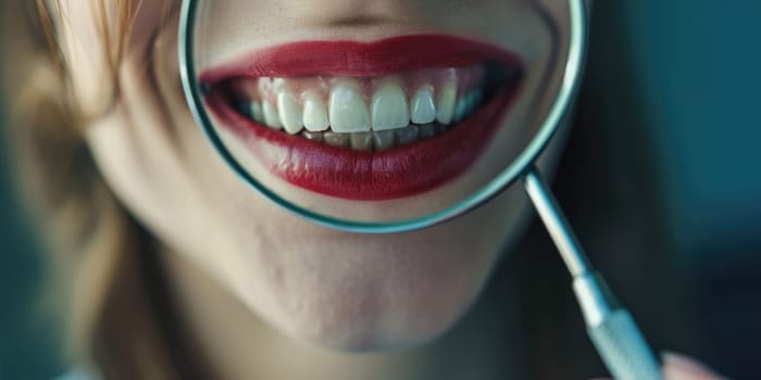 A close-up of a woman's smile with red lipstick holding a magnifying glass. AIG51A.