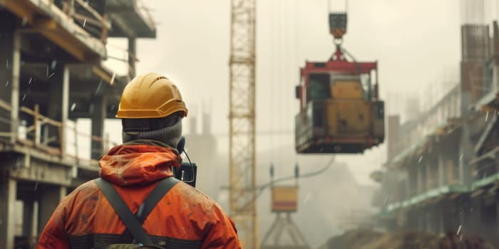 Professional civil engineer looking crane working and lifting box at construction site. Portrait of skilled industrial worker wearing hard hat or safety helmet managing and checking at site. AIG42.