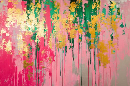 The abstract picture of the gold, pink and green colour that has been painted or splashed on the white blank background wallpaper to form random shape that cannot be describe yet beautiful. AIGX01.