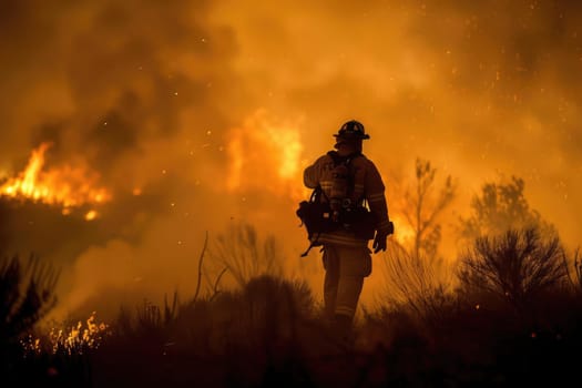 Skilled brave firefighter wearing safety gear and walking at place surrounded with smoke and prepare to put out fire. Portrait of energetic officer wearing protective cloth and survive in fire. AIG42.