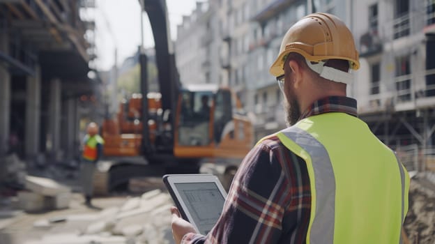 Civil engineer checking blueprint while standing at construction site. Professional architect or construction worker wearing safety helmet while looking at house structure and project plan. AIG42.
