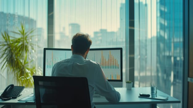 Professional businessman looking at laptop screen display financial statistic graph while planning marketing strategy. Project manager analyzing stock market chart while sitting at computer. AIG42.