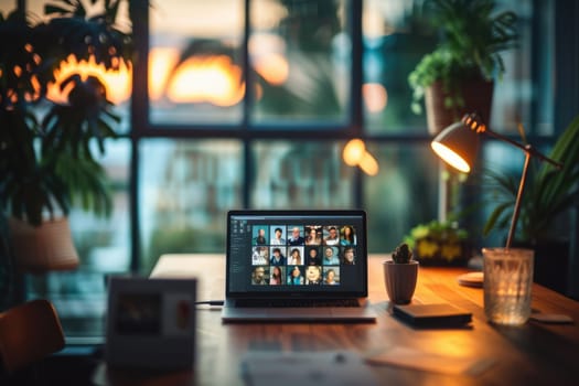 Laptop on desk with lamp and decorative items preparing for group meeting. Home office interior with cozy atmosphere. Modern remote work setup concept for design and print. Lifestyle concept. AIG42.