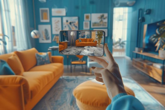 Smart people using telephone or electronic device to take a picture while standing at living room. Attractive woman holding mobile phone and recording video. Technology innovation concept. AIG42.