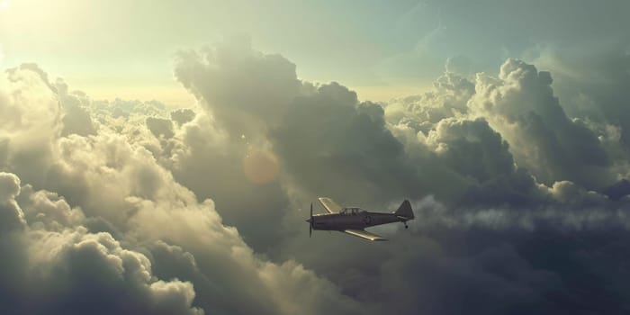 An airplane flying through a fluffy cloudy sky. The airplane is white with a commercial passenger jet. It has four engines, two mounted on each wing surrounded with long and narrow wings. AIG42.