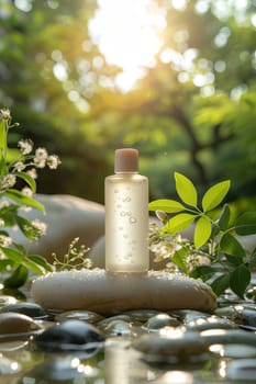 A cosmetic bottle on a smooth stone in natural conditions near a pond, mirror reflection in the water, dew drops on the leaves. Natural cosmetics concept.