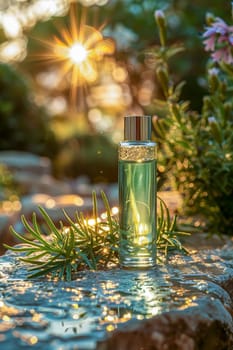 A cosmetic bottle on a smooth stone in natural conditions near a pond, mirror reflection in the water, dew drops on the leaves. Natural cosmetics concept.