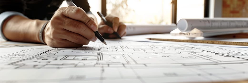 A man meticulously works on a blueprint, cutting and refining details with a pair of scissors. The blueprint showcases project renovation sketch plans and design ideas in the background.