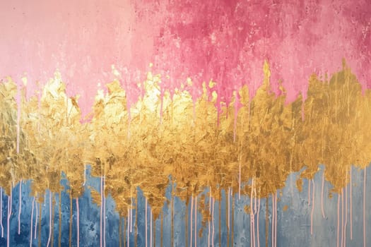 The abstract picture of the gold, pink and blue colour that has been painted or splashed on the white blank background wallpaper to form the random shape that cannot be describe yet beautiful. AIGX01.