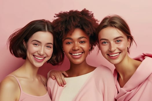 Portrait of happy smiling multiethnic young women together, three diverse cheerful girlfriends posing on pink studio background