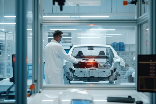 Professional technician checking and inspecting vehicle machine system while wearing formal cloth. Skilled automotive engineer designing and testing car design by using technology innovation. AIG42.