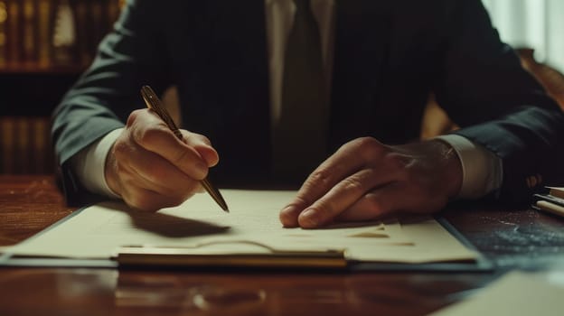 Close up of smart business people hands writing a paper about financial plan. Professional project manager planning marketing strategy while taking a note at meeting table. Business concept. AIG42.