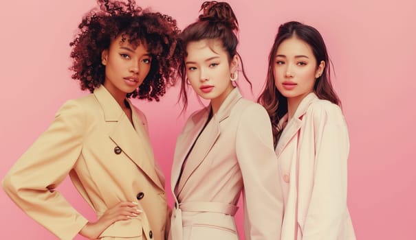 Fashion portrait of beautiful stylish multiethnic young women together, three diverse girlfriends posing on pink studio background