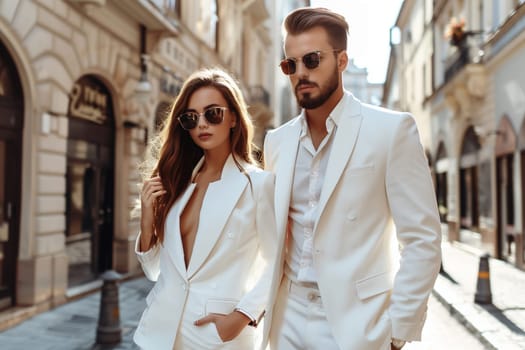Fashionable portrait of stylish beautiful woman and man in suit in the city, modern young couple posing together on city street