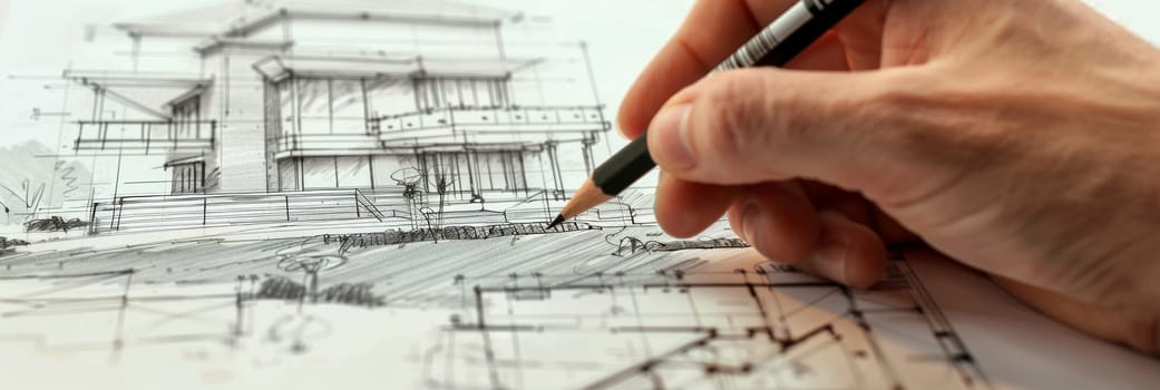 A person meticulously sketches a house with a pencil, pouring creativity and imagination into their dream home design.