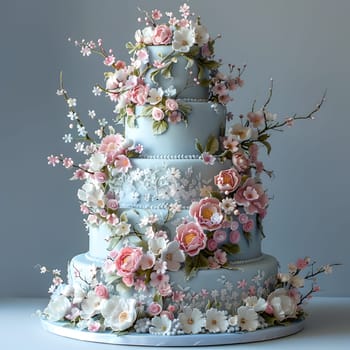 A wedding cake adorned with pink and white flowers, created using cake decorating supplies like sugar paste petals and twigs, displayed on a table