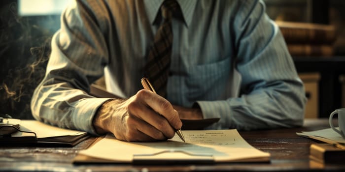 Close up of professional business man hands writing a note at table. Project manager holding a pen and making a contract while wearing formal suit at modern office with blurring background. AIG42.