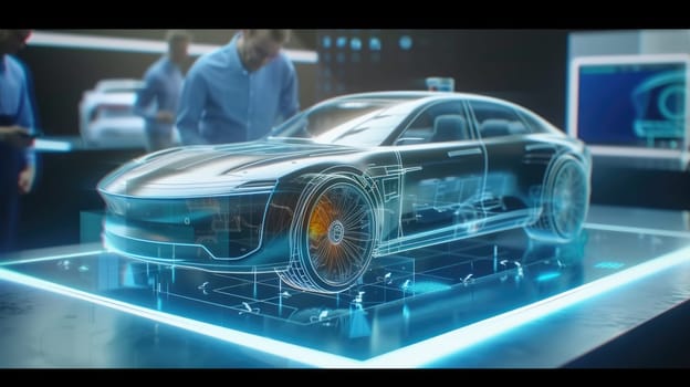 A futuristic car design is presented in a virtual showroom, illuminated by neon lights and showcasing the latest in automotive technology. AIG41