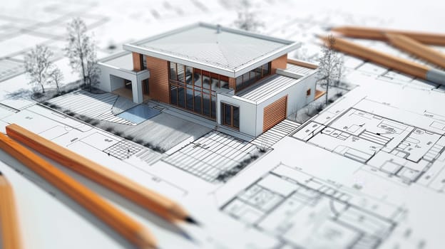 A detailed drawing of a house sitting on top of a blueprint. The blueprint features intricate designs and measurements for a project renovation sketch.