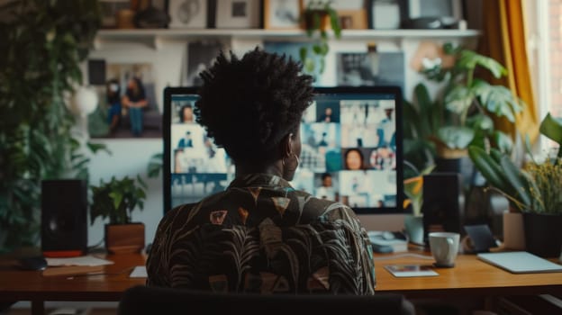 Professional business people discussing about financial investment at online meeting. Project manager looking at laptop screen while present about marketing strategy at sitting at home office. AIG42.