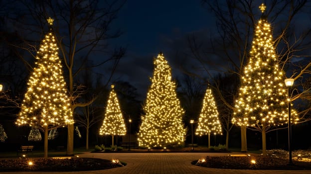 During the dark sky of the night, a row of Christmas trees with glowing Christmas decorations lights up the building, creating a festive atmosphere