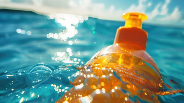 A bottle of orange juice splashes into the ocean, blending with the water and sky. The fluid travels towards the horizon, creating a natural art in the landscape AIG50