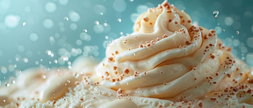 Ice Cream Swirl Close Up. Frozen Yoghurt Creamy Texture Background. Summer Food Banner. Ai generated
