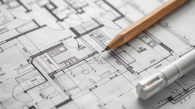 A pen delicately placed on a detailed blueprint of a house, showcasing the intricate design work involved in architecture and construction planning.