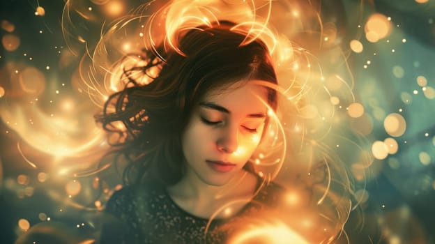 Portrait of beautiful female teenager face relaxing and sleeping surrounded with glowing aura while her hair blowing. Close up of attractive woman closing her eyes and absorbing power of light. AIG42.