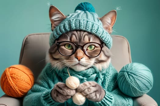 cat grandmother in a knitted sweater sits in a chair, knits warm things .