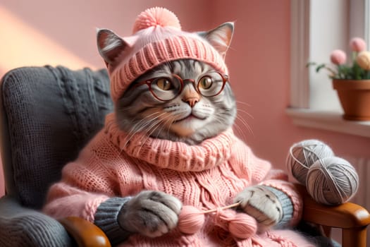 cat grandmother in a knitted sweater sits in a chair, knits warm things .