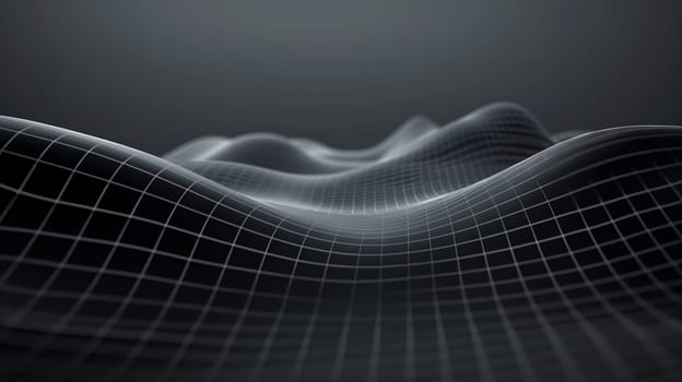 A dynamic digital grid creates fluid, wave-like patterns in a dark, abstract setting, suggesting technology and data flow - Generative AI