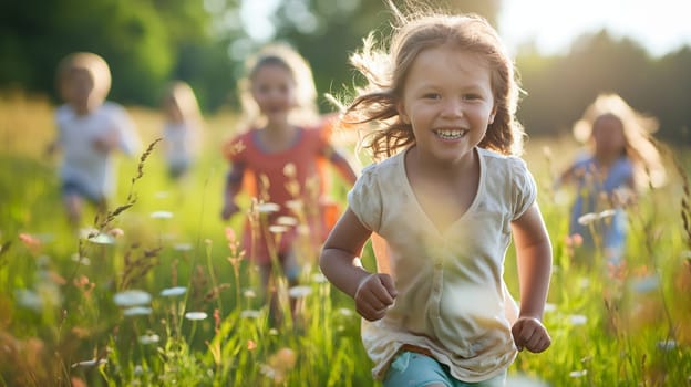 A group of happy children engage in a playful game of tag, with a smiling girl running in the foreground, illuminated by the warm glow of a setting sun - Generative AI