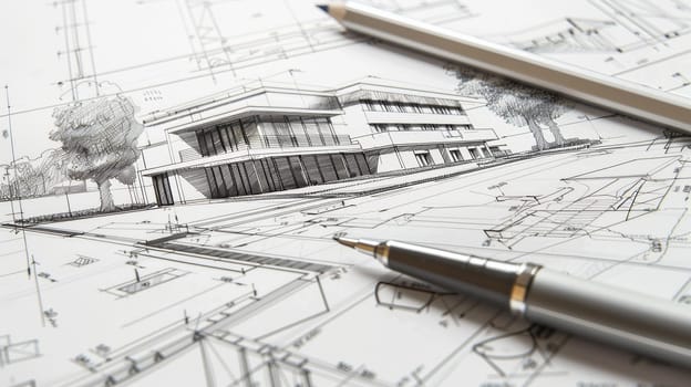 A pen delicately rests on a detailed drawing of a building, showcasing intricate design plans and creative ideas for a renovation project.