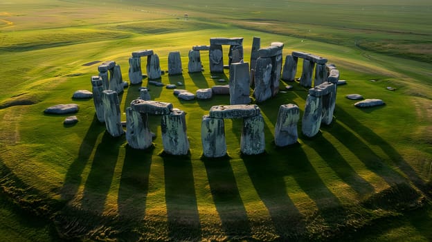 A unique aerial view of Stonehenge in the UK, surrounded by a natural landscape with grasslands and trees, creating a stunning contrast to the urban design nearby