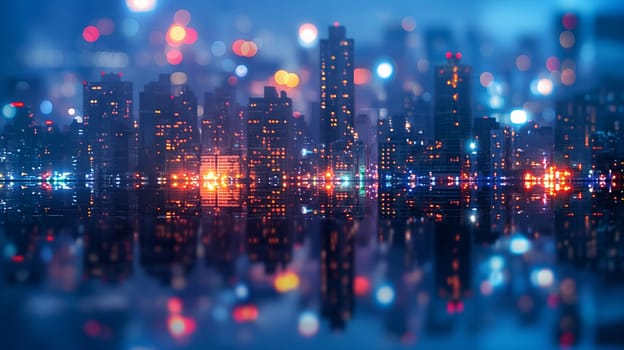 A city skyline at dusk, where the lights create a blurred, bokeh effect and reflections shimmer on a glossy surface - Generative AI