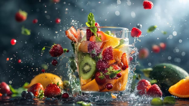 A vibrant collection of fruit pieces bursts with juice and water, creating a dynamic splash around a glass garnished with fresh mint - Generative AI