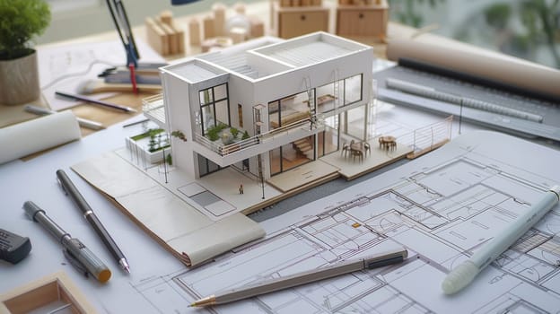 A miniature house perched atop a table, showcasing a creative project renovation sketch with plans and design ideas for an architectural bureau or construction company.