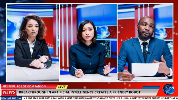 TV presenters talk about AI innovation on live expert show, IT specialists creating modern robot companion. Media journalists presenting development steps in artificial intelligence industry.