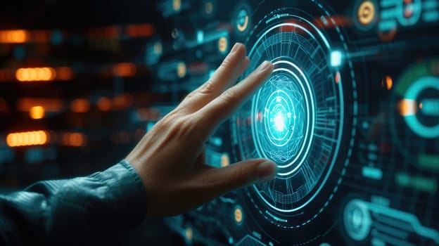 Close up of smart investor hand accessing in global internet connection to use data analysis or privacy security system. Businessman touching and pointing at AI database. Technology innovation. AIG42.