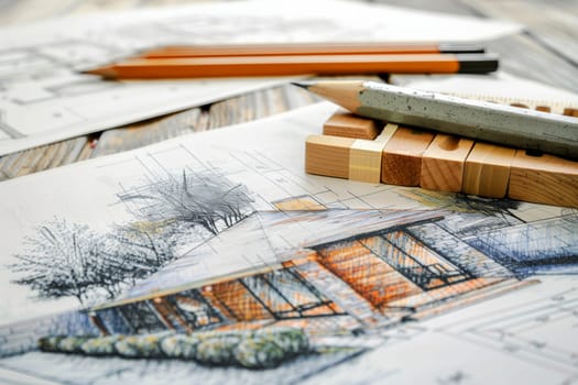 A pencil lies next to intricate drawings on a wooden table, showcasing artistic designs and creative ideas for a project renovation sketch.