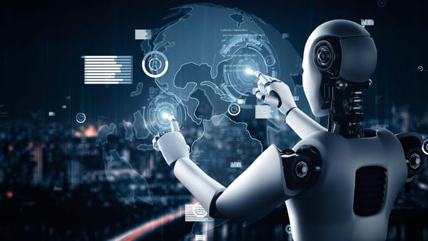 MLP 3d illustration Future financial technology controll by AI robot huminoid uses machine learning and artificial intelligence to analyze business data and give advice on investment and trading decision. 3D rendering.