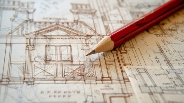 A pencil delicately rests atop a intricate drawing of a house with detailed architecture and design plans, showcasing a project renovation sketch filled with grand aspirations.