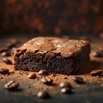 A brownie is placed on a table next to coffee beans, showcasing a delicious baked good made with ingredients like flour, sugar, and chocolate. This treat pairs perfectly with a cup of coffee