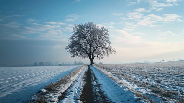 The picture of the single tree that has been covered with white snow in the middle of the empty snow land in the winter season and light from the sun can make everything bright clear on land. AIGX03.