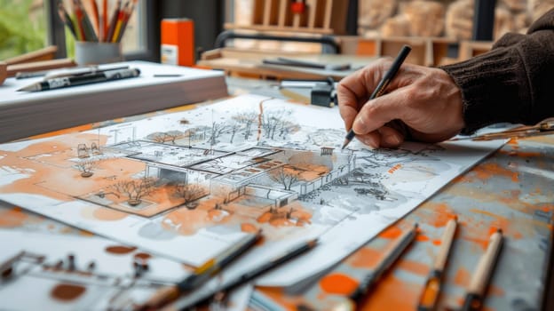 A person immersed in drawing architectural plans on a piece of paper filled with design ideas and renovation sketches.